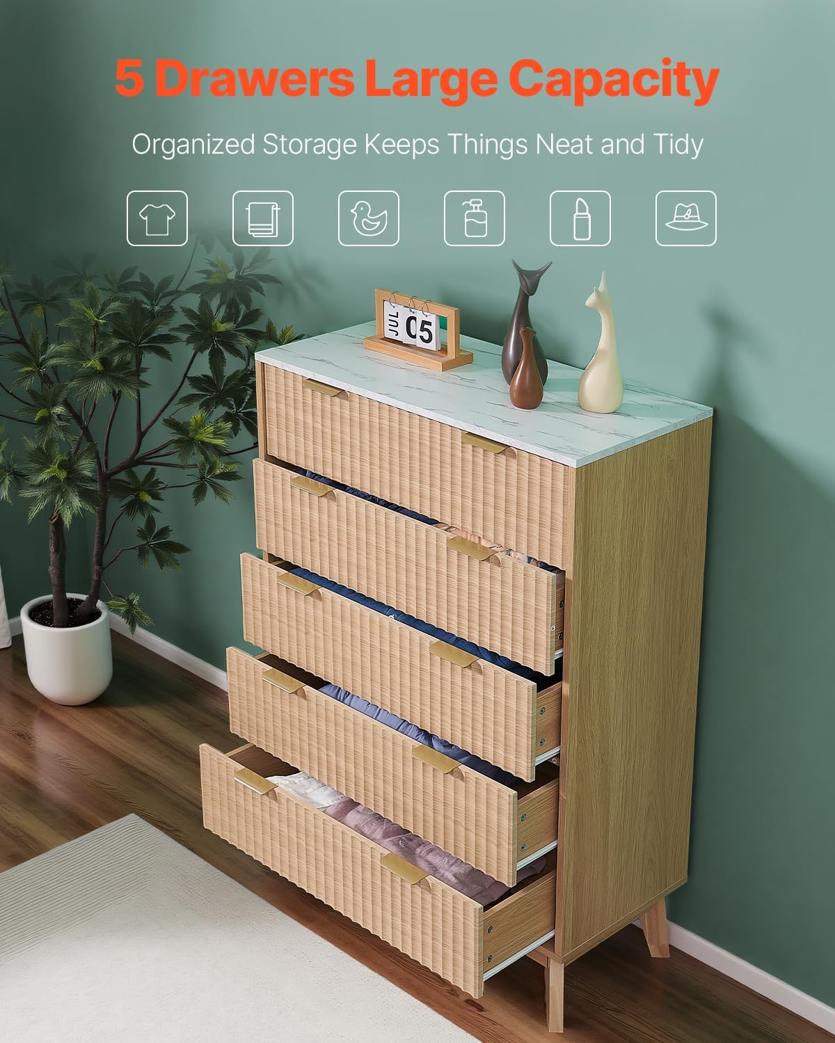 VEVOR 5 Drawer 48" Tall Fluted Bedroom Dresser, Modern Chest of Drawers with Gold Metal Handles, Faux Marble Top, Wood Dresser Closet Storage Organizer for Living Room, Hallway, Entryway, Natural Oak