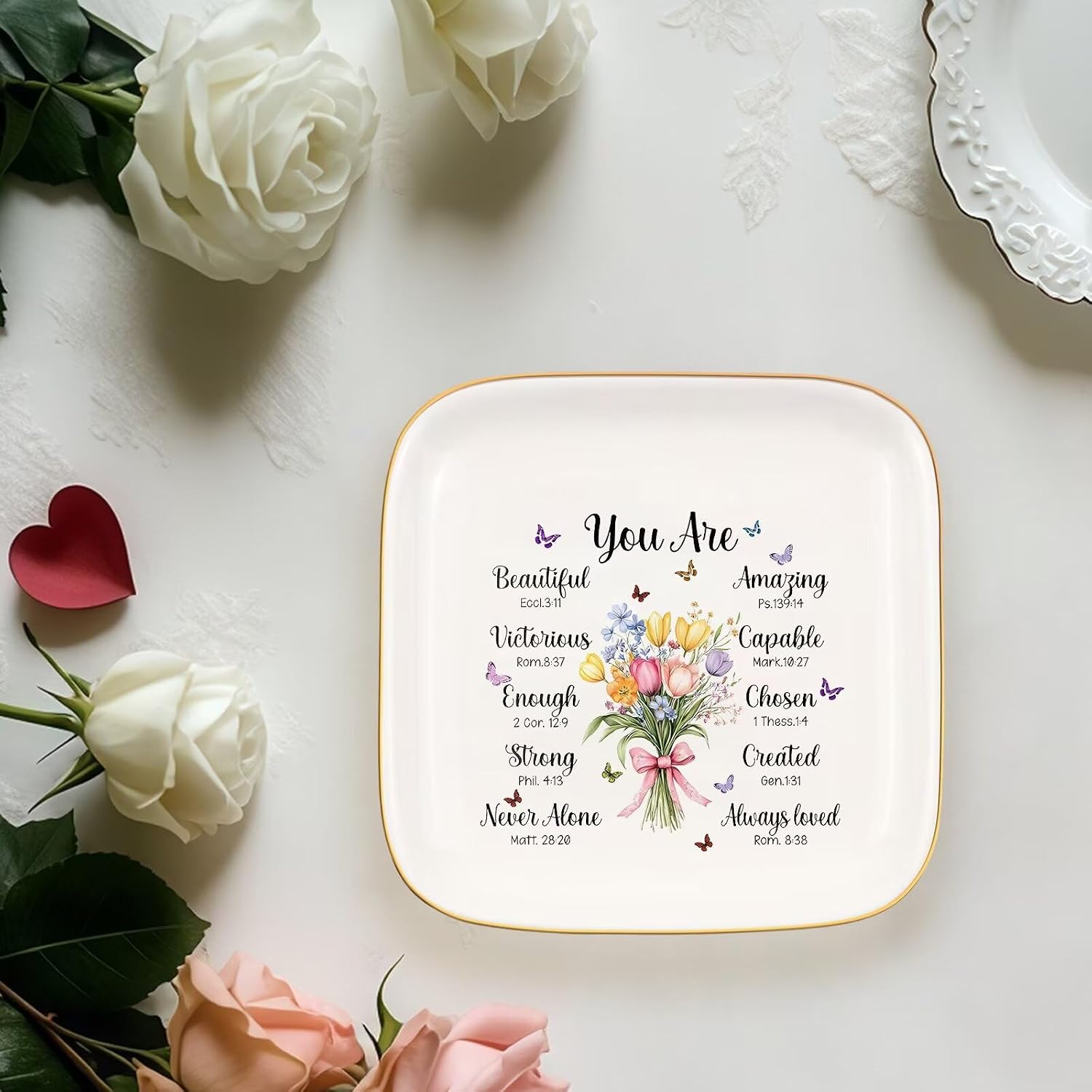 Ceramic Jewelry Ring Dish, Necklace Earrings Holders Tray Christian Gifts - Christian Bible Verse, Gifts for Mother's Day, Christmas, Thanksgiving, and Birthdays for women 4