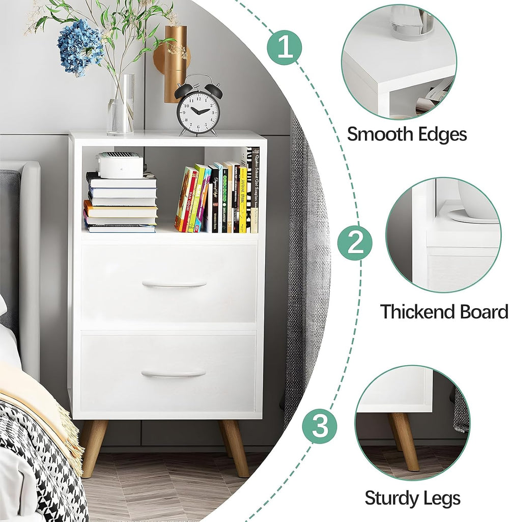 Aenuert Night Stand, White Nightstand with Fabric Drawers, Wooden Side Table ...