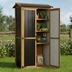 Outdoor Storage Cabinet, Wood & Metal Garden Cabinet with 3 Adjustable Shelf, Weather-Resistant Roof, Lockable Doors & Adjustable Feet for Patio, Garden, Farm (33" L x 21" W x 69" H)