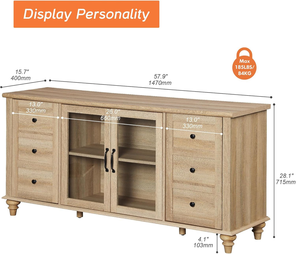 WAMPAT Farmhouse Sideboard Buffet Cabinet with Glass Door & Adjustable Sh...