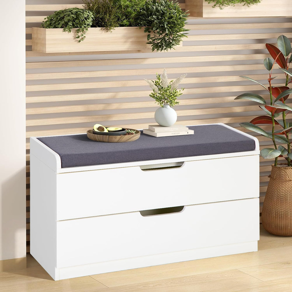 MFSTUDIO Large Shoe Storage Bench, White Wood Shoe Entryway Bench with Seatin...