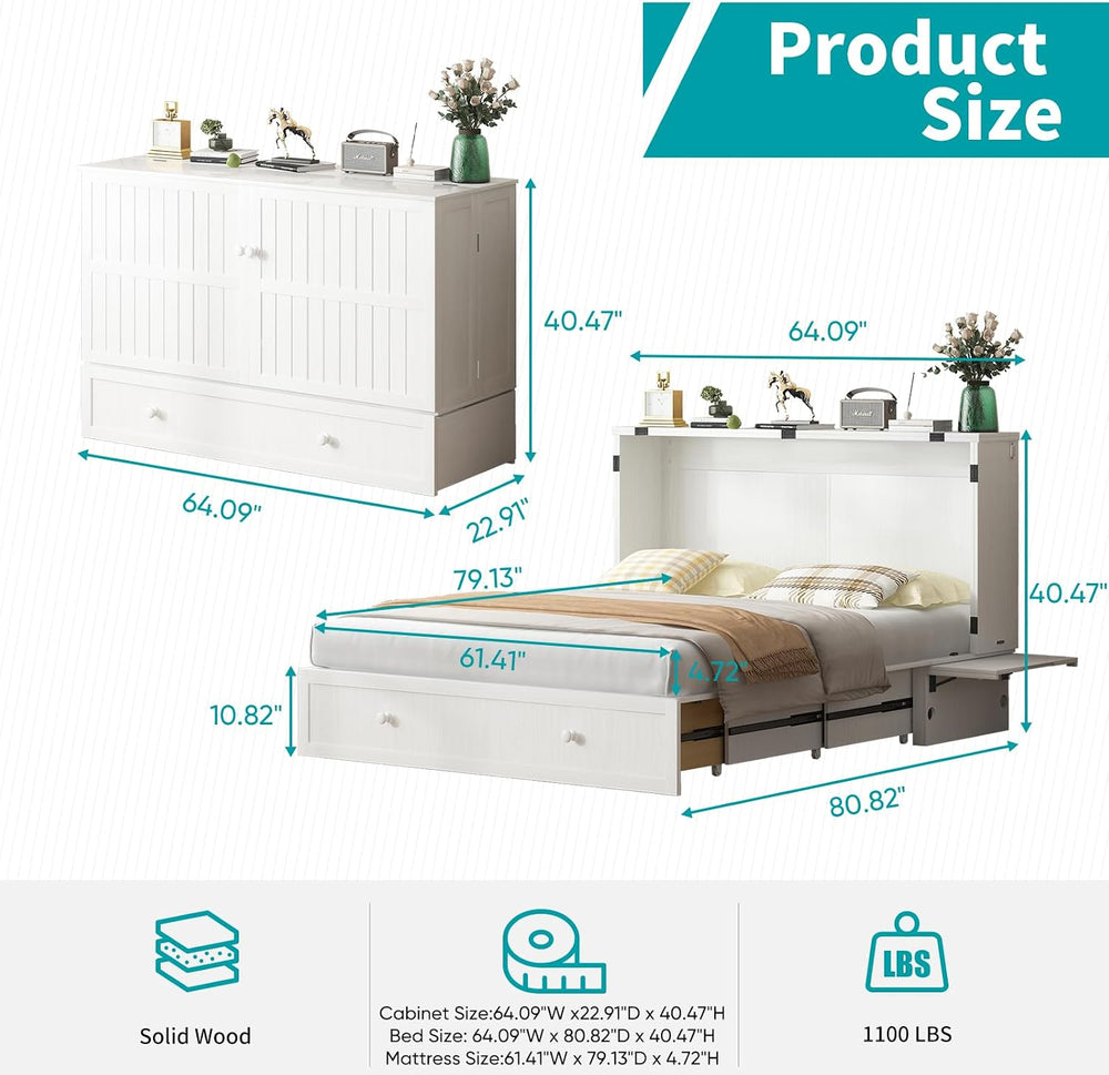 BALUS Queen Murphy Bed, Cabinet Murphy Bed with Large Storage Drawer-White | ...