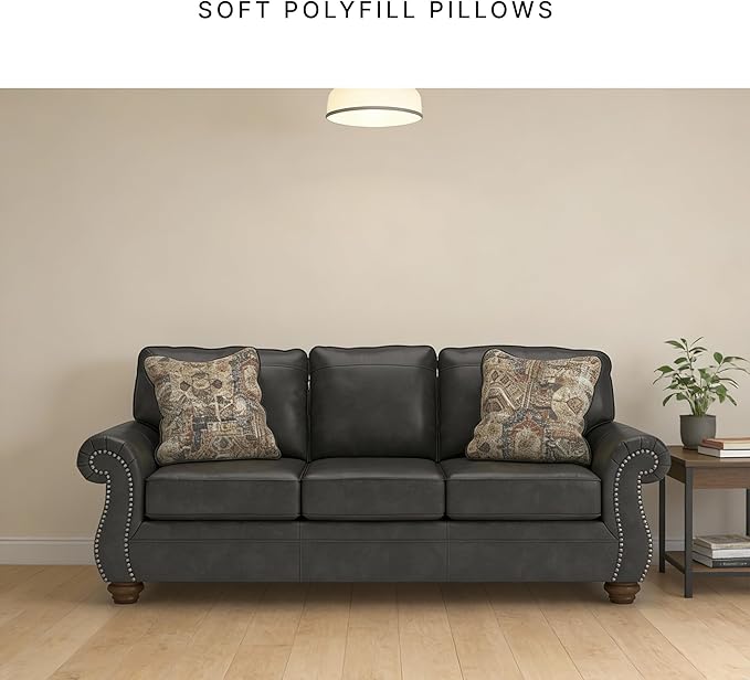 Signature Design by Ashley Shadsburne Rustic Faux Leather Sofa with Nailhead Trim and 2 Chenille Throw Pillows, Pillows With Soft Polyfill, Reinforced Frame For Added Stability, Black