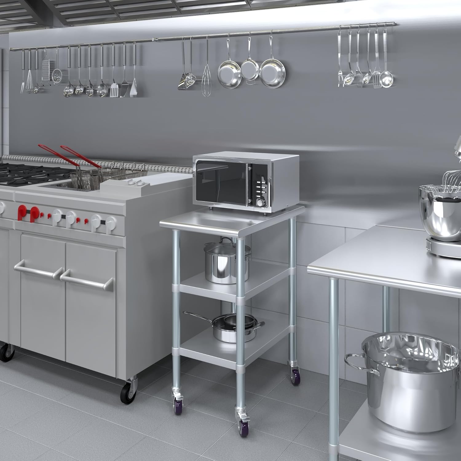 AmGood Stainless Steel Work Table with 2 Shelves and Casters | Metal Utility Table On Wheels (Stainless Steel Work Table with 2 Shelves + Casters, 18" Long x 30" Deep)