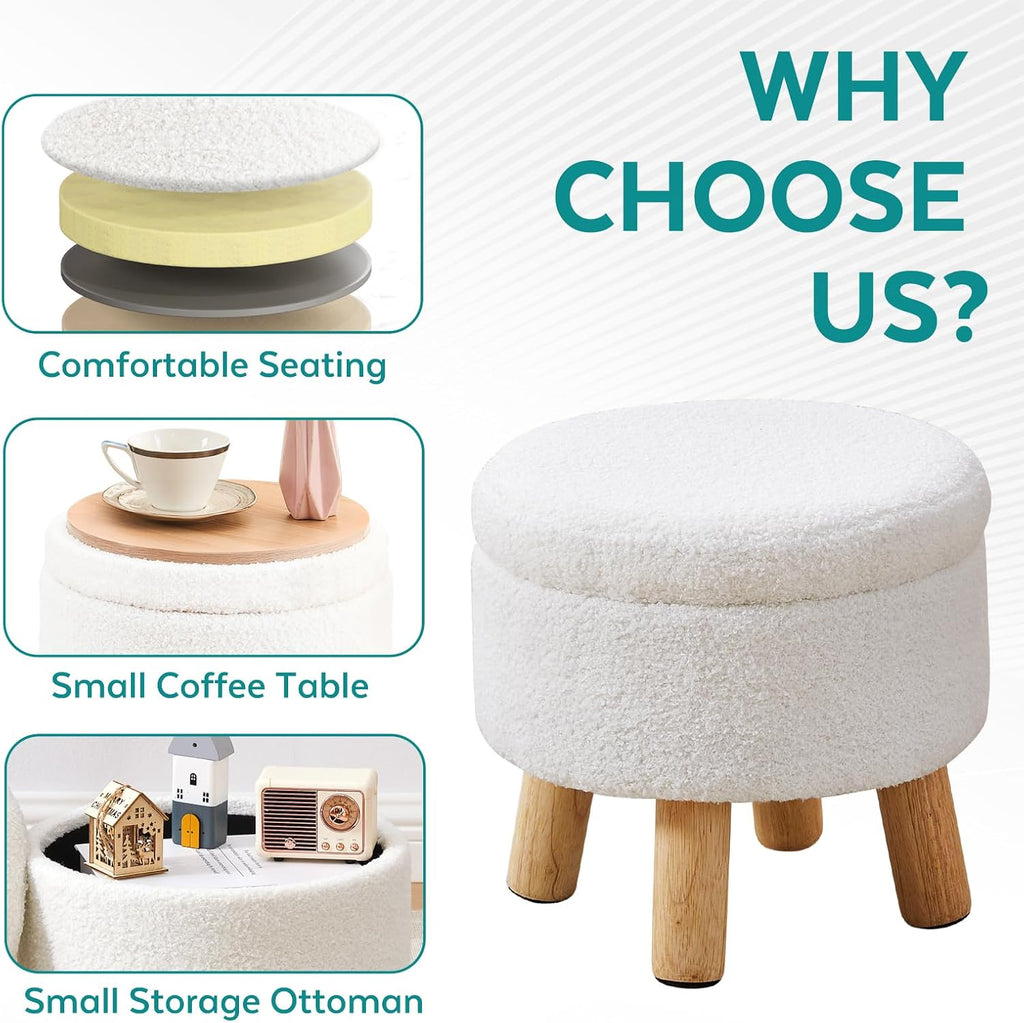 Small Ottoman with Storage, Small Storage Ottoman Round, Sherpa Foot Stool with Legs, Ottomans and Footstools for Living Room and Entryway (White)