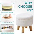 Small Ottoman with Storage, Small Storage Ottoman Round, Sherpa Foot Stool with Legs, Ottomans and Footstools for Living Room and Entryway (White)