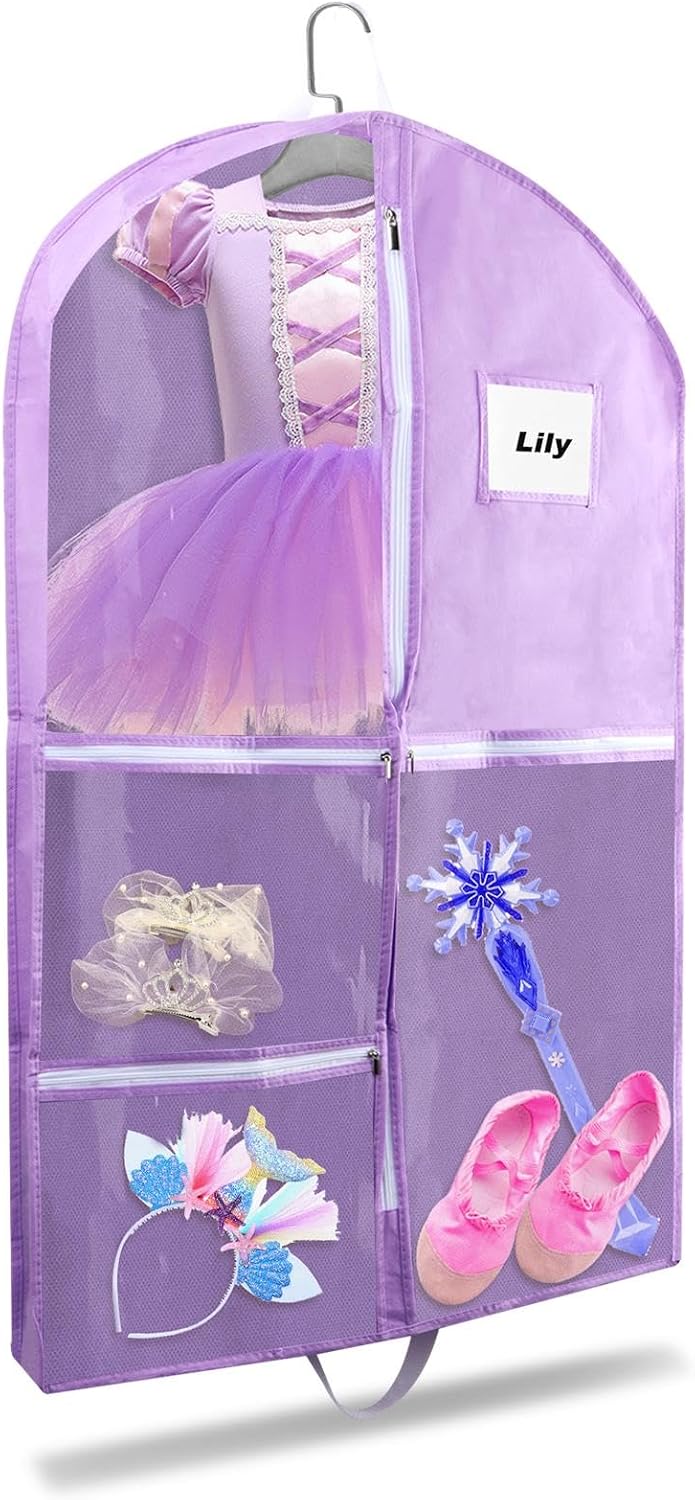 Hanging Dance Garment Bag, 40" Waterproof Hanging Garment Bag with 4 Pockets Kids Garmen-t Bags For Hangin-g Clothes for Dance Costumes,Sports,Theatre,Beauty Pageants(COLOR:Purple)