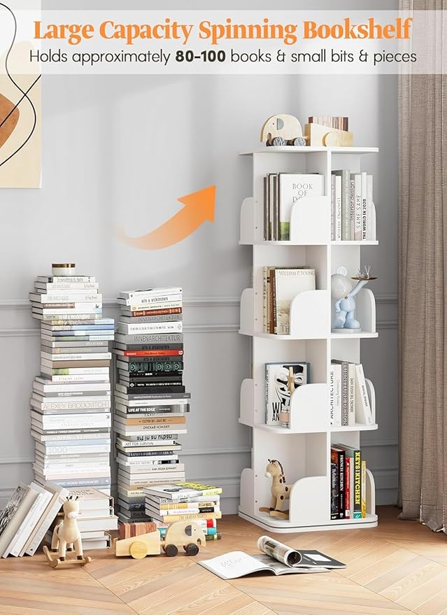 Rotating Bookshelf Tower, 4 Tier Small Spinning Corner Bookshelf for Small Spaces, 360 Display Kids Bookshelves Floor Standing Bookcase Storage Rack Wood Book Shelf Organizer for Bedroom Room, White