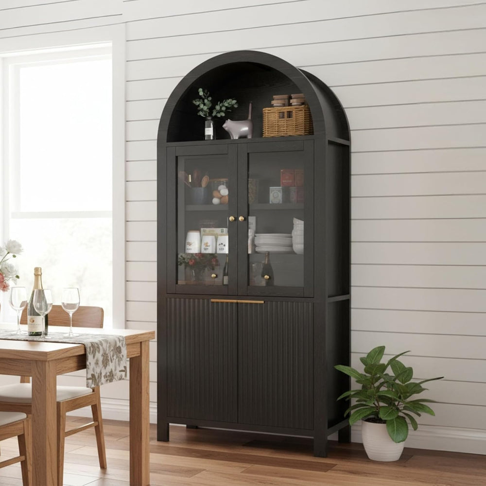 71" Fluted Arched Glass Door Cabinet, Tall Display Cabinet with Adjustab...