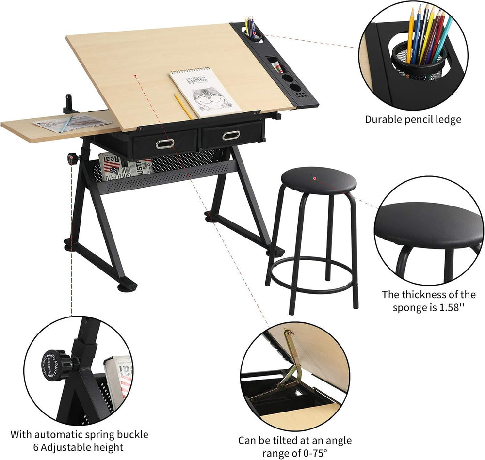 Height Adjustable Multifunctional Wooden Drafting Drawing Table, Art Artist D...