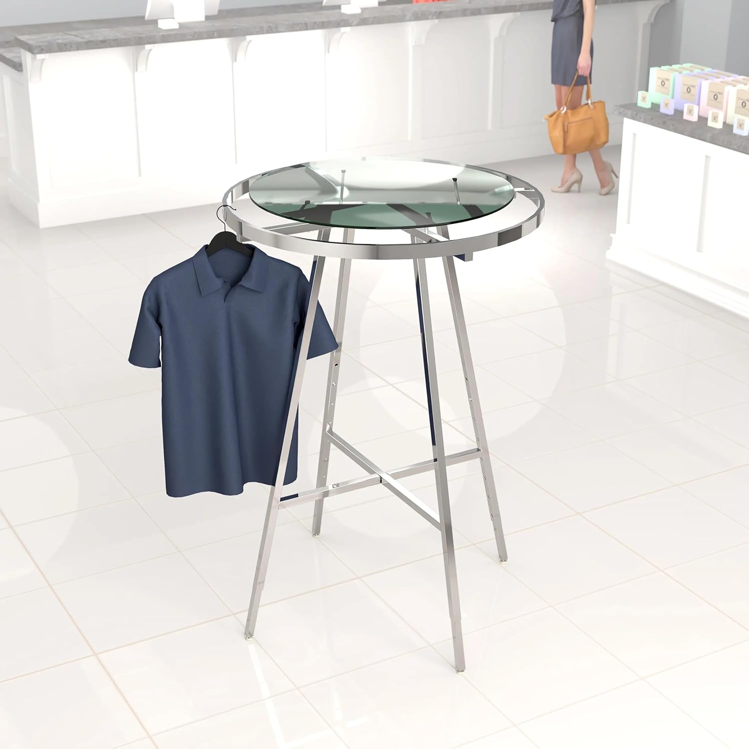 Econoco Folding Round Garment Rack, Adjustable Height Retail Display, Chrome Finish (36" Rack with Glass Shelf Topper)