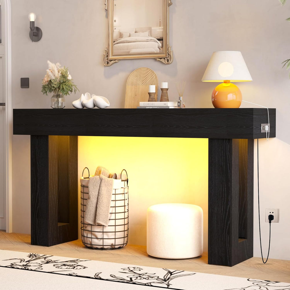 Depeht 63" Long Console Table with Power Outlet LED Lights, Wooden Farmh...