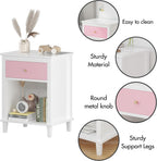 Nightstand with One Drawer & Open Storage Shelf, Modern Wooden Bedside Table for Kids, 26.77''H End Table for Living Room, Bedroom, Toddler Nightstand for Boys and Girls, White+Pink