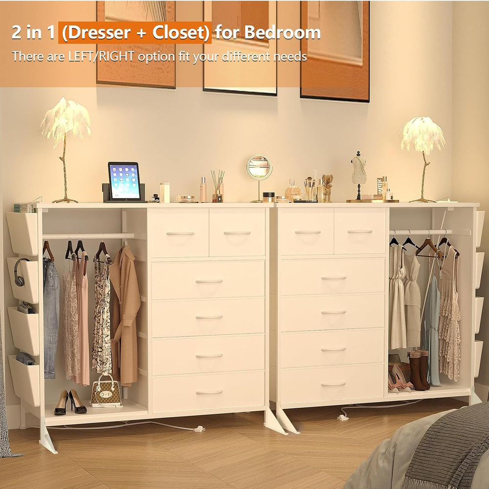 6 Drawer Dresser for Bedroom with Clothes Rack, Clothes Dresser with Side Poc...