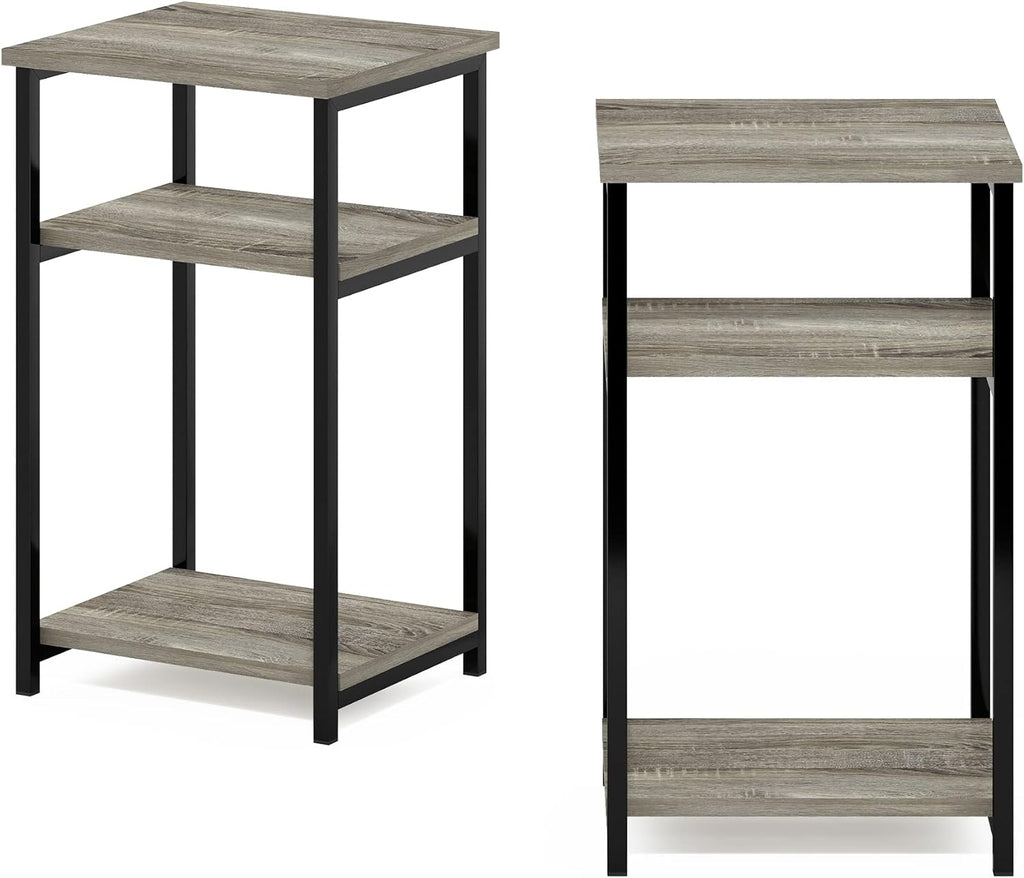 Furinno JUST 3-Tier Telephone Table Set of 2, Modern Metal Frame Side Table with Open Shelf, Night Stand, Bedside Table, Easy Assembly,for Living Room, Bedroom, Grey Oak