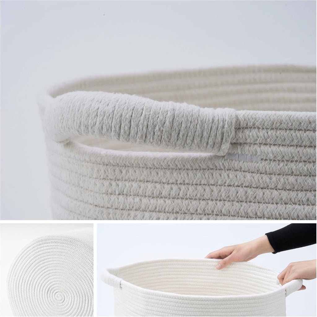 Blanket Basket (16" Dx14 H) - Round Woven Rope Storage for Living Room Throws, Pillows & Laundry- White