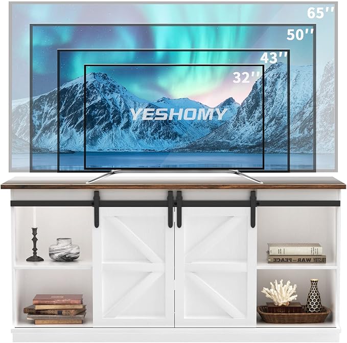 YESHOMY Farmhouse TV Stand for Televisions up to 65 Inches, Sliding Barn Doors and Storage Cabinets, Console Table and Media Furniture for Living Room, 58 Inch, Milk White