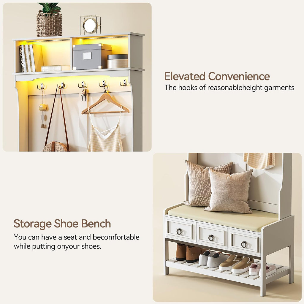Gurexl 67” Farmhouse Hall Tree with Shoe Storage, Auto Sensor Wood Coat Tree with LED Lights, 3-in-1 Entryway Bench with Coat Rack, Hooks and Drawers for Hallway, Living Room, Bedroom (White)