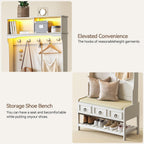 Gurexl 67” Farmhouse Hall Tree with Shoe Storage, Auto Sensor Wood Coat Tree with LED Lights, 3-in-1 Entryway Bench with Coat Rack, Hooks and Drawers for Hallway, Living Room, Bedroom (White)