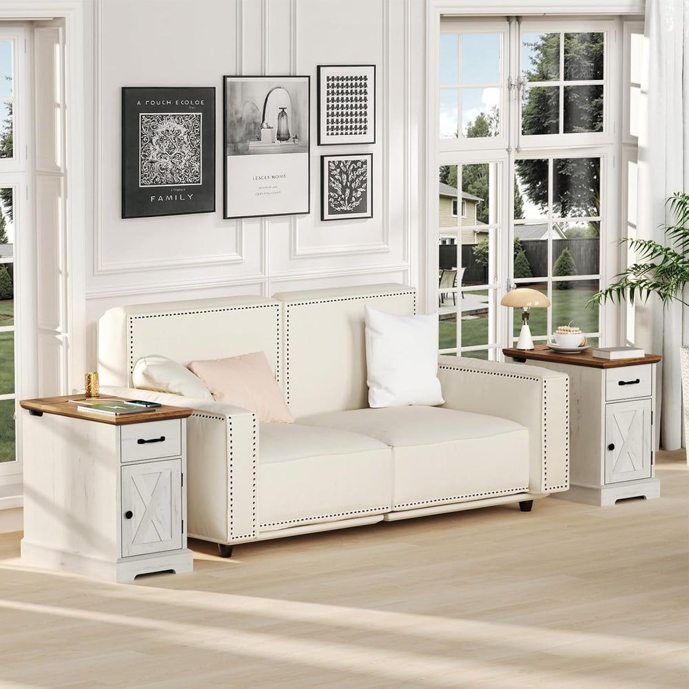 HOMMPA 23.6'' Farmhouse Narrow End Table w/Charging Station Rustic White