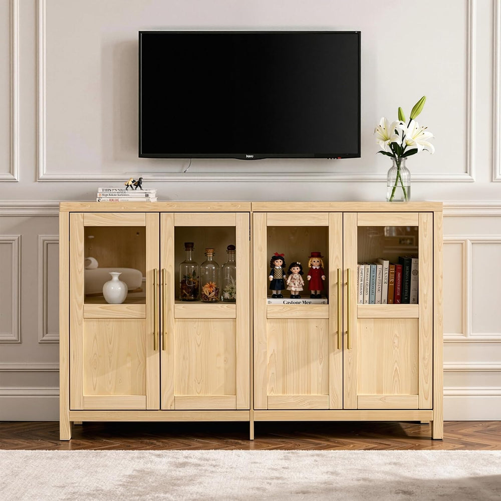 55" Sideboard Cabinet with Glass Doors, Large Buffet Cabinet with Storag...