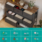 VASICAR 43.3" Wide Fabric Dresser for Bedroom, Chest of Drawers with 11 Deep Drawers, Multi-Drawers TV Stand TV Console, Storage Organizer for Closet, Nursery (Black)