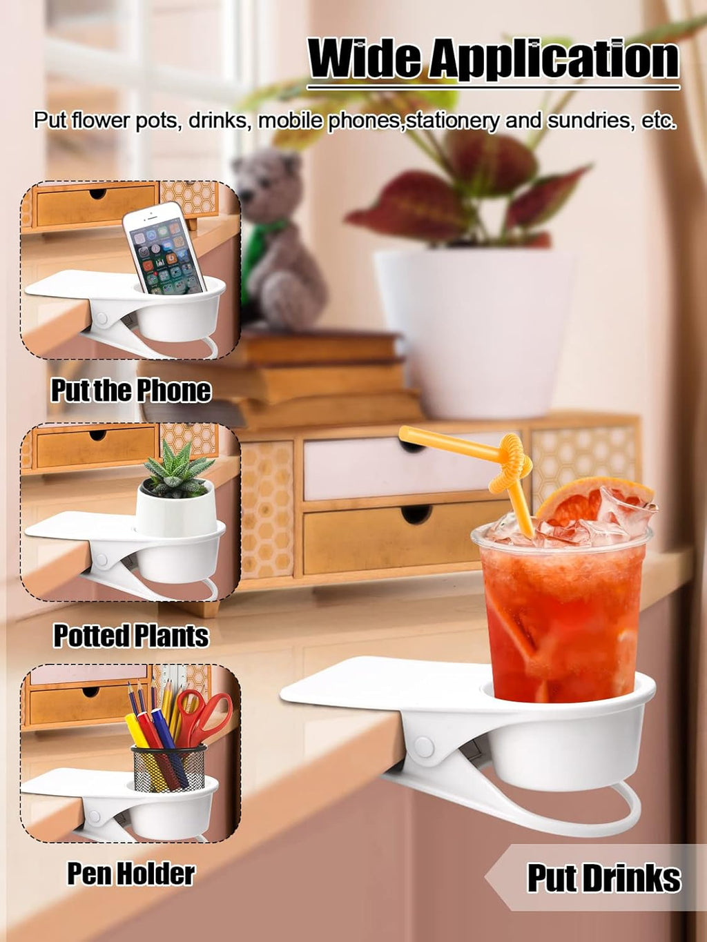 2PCS Drinking Cup Holder Clip, Kalolary Desk Bottle Cup Stand DIY Glass Clamp Storage Saucer Clip Water Coffee Mug Holder Saucer Clip Design for Home & Office, White