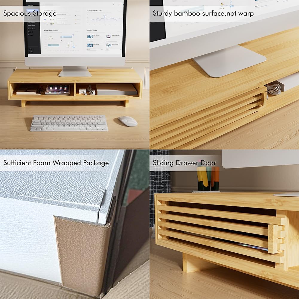 Zri Bamboo Computer Monitor Stand with Drawer, Dual Laptop Stand for Desk,Single Monitor Riser with Storage,Wood Office Desk Organizer & Accessories