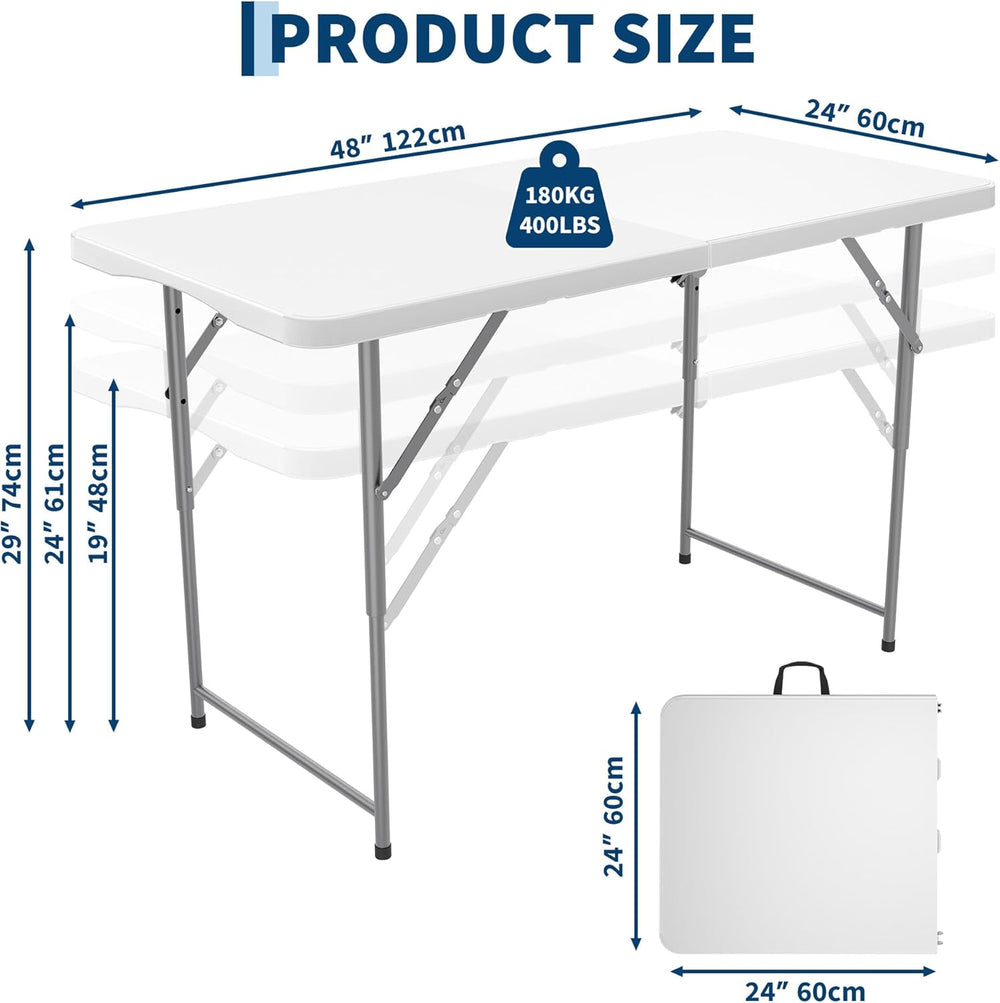 Garvee 4ft Folding Table HDPE Foldable Table with Carrying Handle 3 Adjustabl...