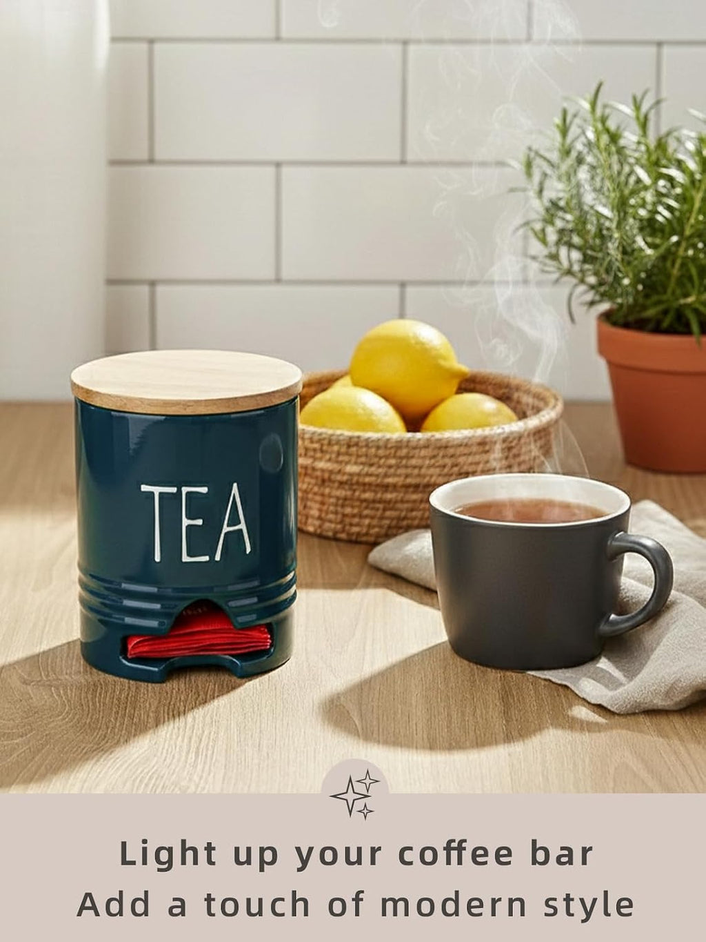 Farmhouse Ceramic Tea Bag Holder with Wood Lid for Countertop (Navy)