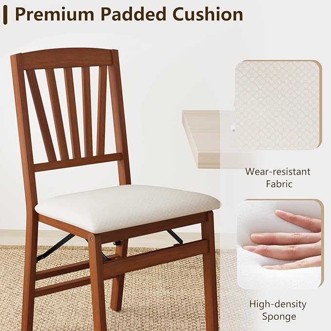 COSTWAY Folding Dining Chairs Set of 2, Upholstered Wooden Dining Room Chairs with Fabric Padded Seat, Solid Wood Frame and 400LBS Capacity for Kitchen Apartment (Beige & Brown)
