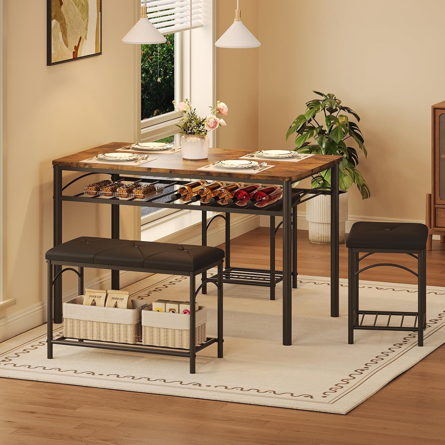 4-Piece Dining Table Set for 4, Industrial Table with Bench & Stools | 4-Piece Dining Table Set for 4, Industrial Table with Bench & Stools