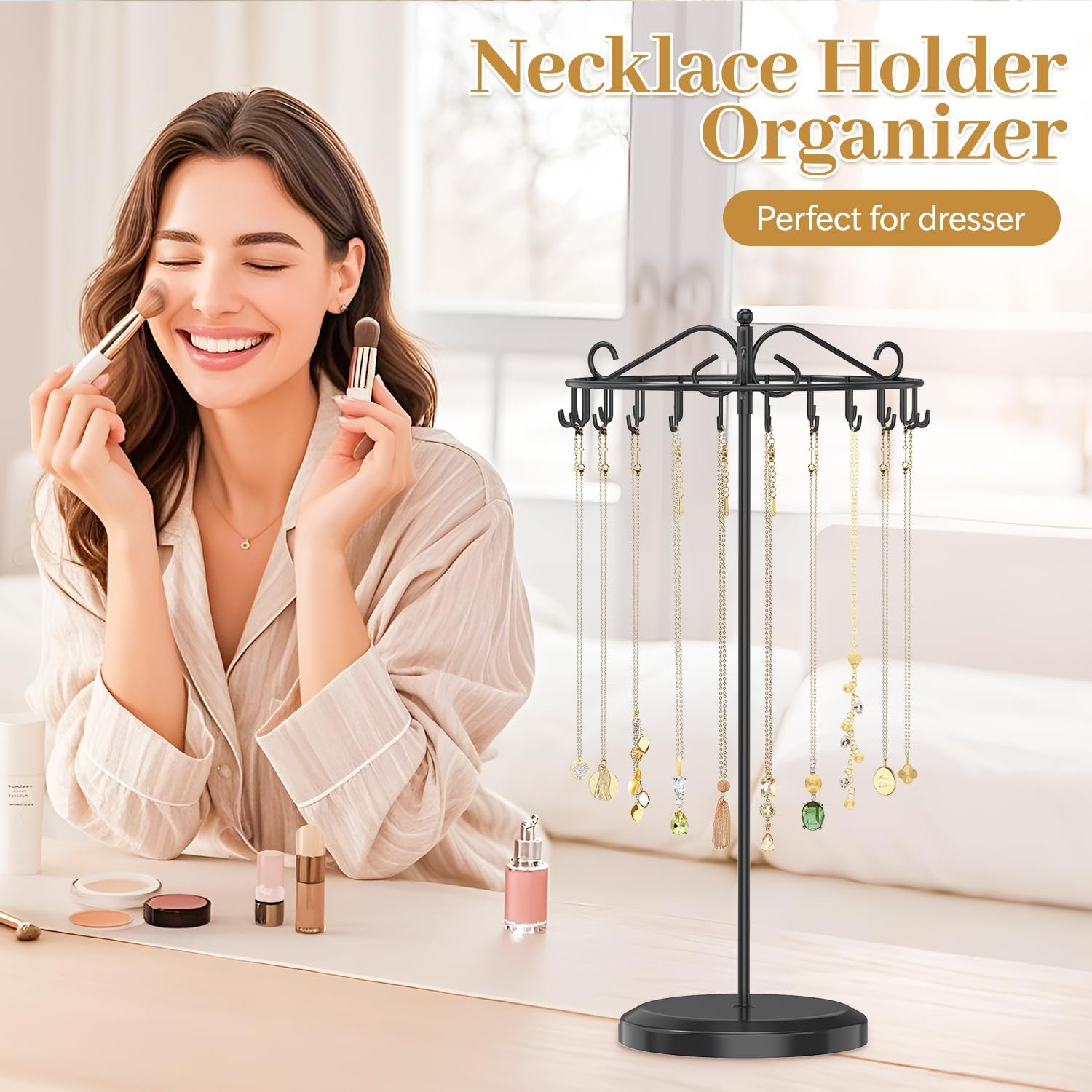 MODOWEY Rotating Necklace Holder Organizer Display Stand with 24 Hooks, Metal Spinning Tree for Long Necklace Hanger Selling, Tall Spinning Bracelet Storage Rack for Men Women Dresser, Black