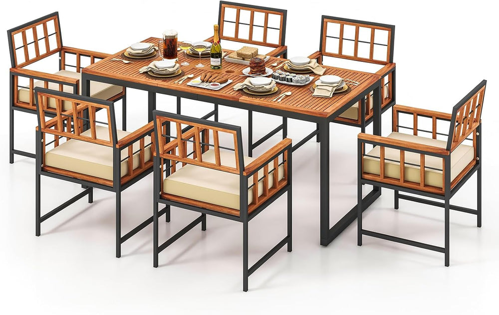Tangkula 7 Pieces Patio Dining Set, Outdoor Acacia Wood Table and Chairs with...