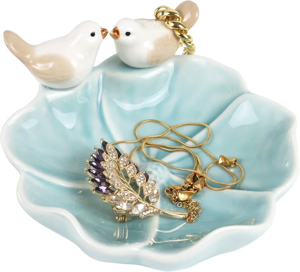 Fordonral Ceramic Jewelry Tray Trinket Dish Decorative Cute Bird & Lotus Leaf Ring Holder Dish Aesthetic Room Vanity Decor (Blue)