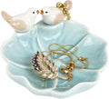Fordonral Ceramic Jewelry Tray Trinket Dish Decorative Cute Bird & Lotus Leaf Ring Holder Dish Aesthetic Room Vanity Decor (Blue)