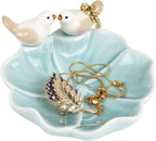 Fordonral Ceramic Jewelry Tray Trinket Dish Decorative Cute Bird & Lotus Leaf Ring Holder Dish Aesthetic Room Vanity Decor (Blue)
