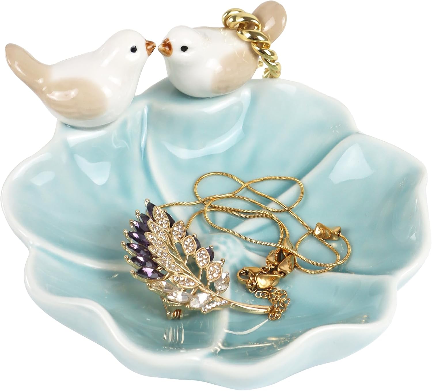 Fordonral Ceramic Jewelry Tray Trinket Dish Decorative Cute Bird & Lotus Leaf Ring Holder Dish Aesthetic Room Vanity Decor (Blue)