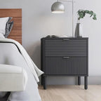 Sango Merk 2-Drawer Nightstand, Modern Black Bedside Table with Cylindrical Wood Legs, Vertical & Horizontal Groove Patterns, Discreet Metal Finger Pulls, Smart Storage for Living Room or Office Room