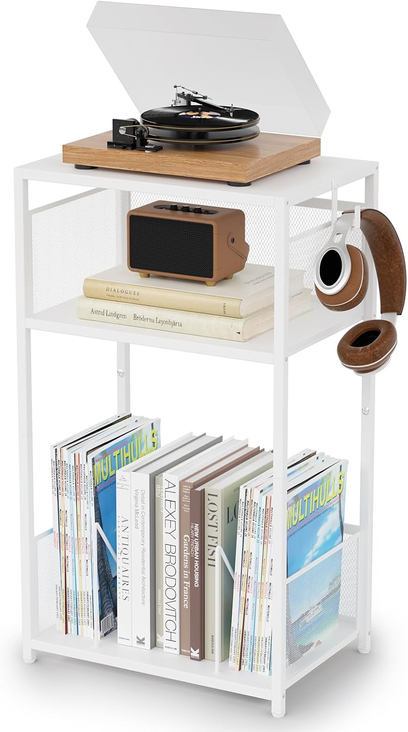 Aduanbang 3 Tier End Table,Record Player Stand with Storage Up to 100 Albums,...