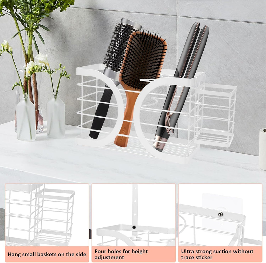 Elegant White Wall Mounted Hair Dryer Holder - Stylish Bathroom Organiser for Hair Dryer & Straightener, Hair Brush & Accessories