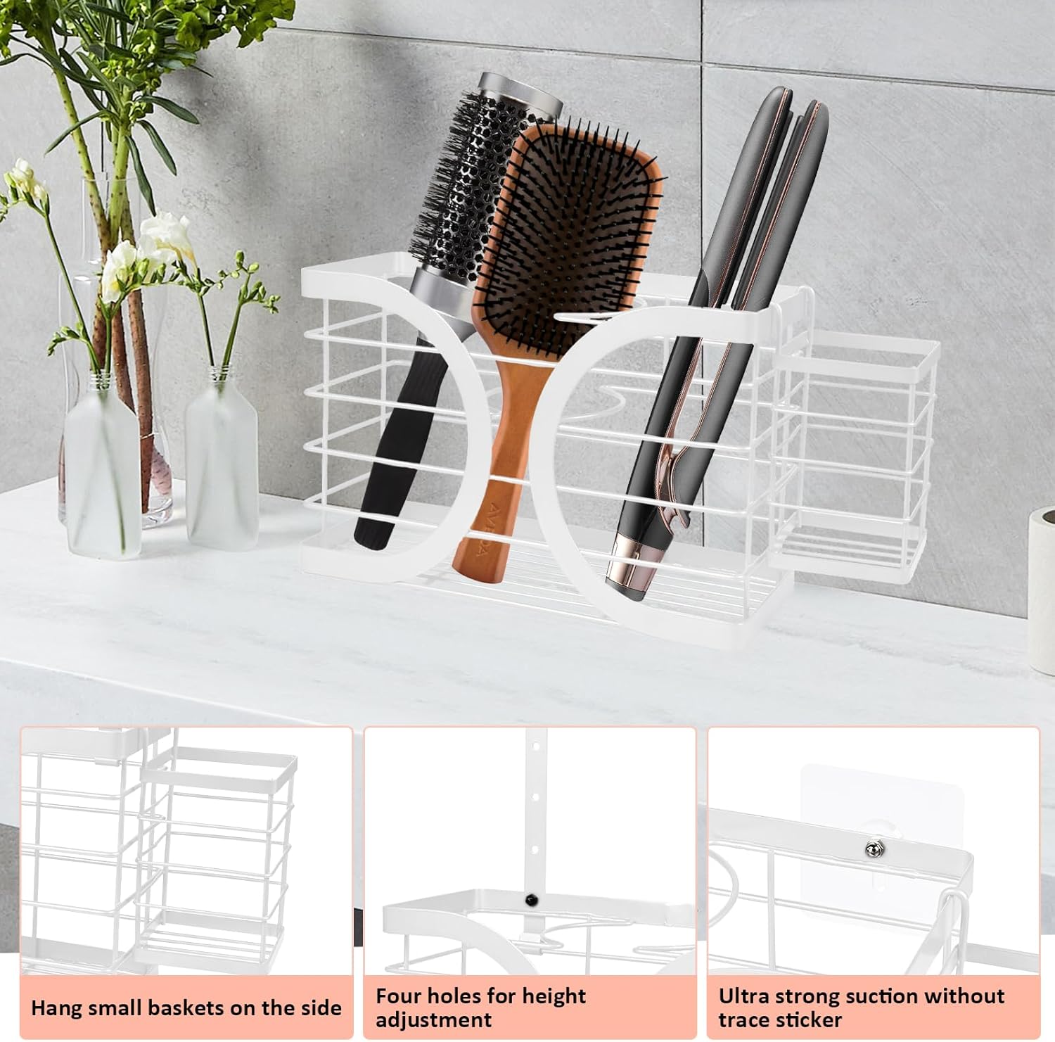 Elegant White Wall Mounted Hair Dryer Holder - Stylish Bathroom Organiser for Hair Dryer & Straightener, Hair Brush & Accessories
