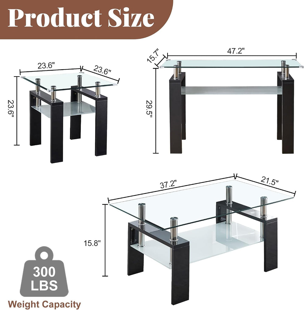 Living Room Set of 3 with Glass Coffee Table, End Table, and Console Table, M...