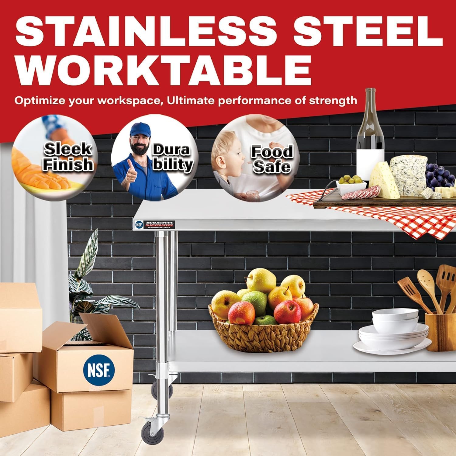 DuraSteel 30x48 NSF Stainless Steel Cart Work Table - Heavy Duty Rolling Food Prep Table Countertop Island - Metal Utility Cart on Wheels Caster, Grill Stand Storage Outdoor Kitchen Tables Bar Top