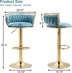Velvet Swivel Bar Stools, Adjustable Counter Height Bar Chairs with Low Back & Footrest, Modern Gold Bar Stools for Kitchen Island, Bar Pub (Light Blue,Set of 2)