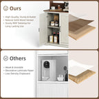 JOINICE Farmhouse Coffee Bar Cabinet with Storage and Charging, White | Herringbone Panel,31.5" Countertop Space,Loads To 100lbs,Open Top Shelf+Adjustable Shelf,USB/AC,6-Hook,Easy Assembly
