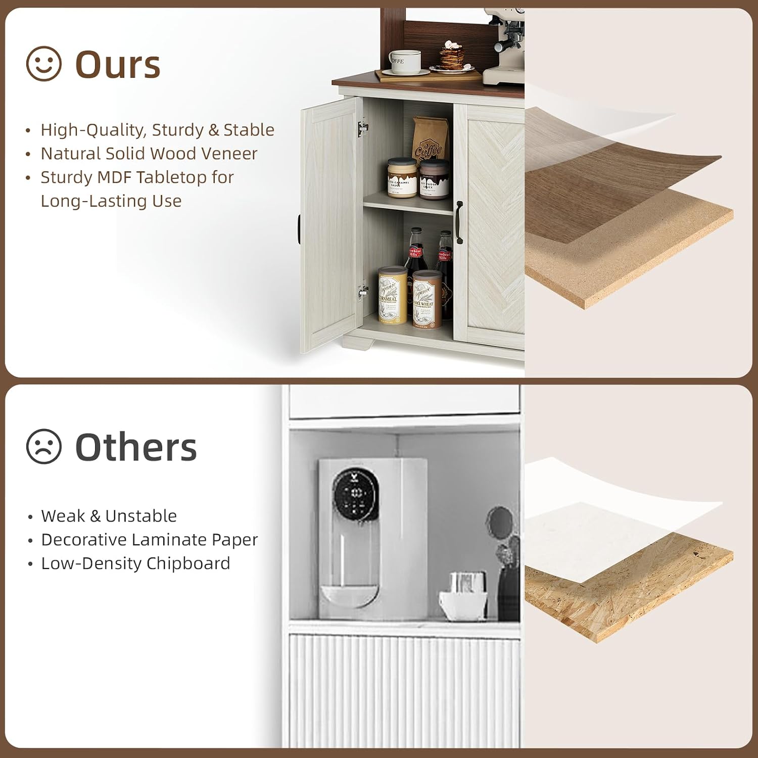 JOINICE Farmhouse Coffee Bar Cabinet with Storage and Charging, White | Herringbone Panel,31.5" Countertop Space,Loads To 100lbs,Open Top Shelf+Adjustable Shelf,USB/AC,6-Hook,Easy Assembly