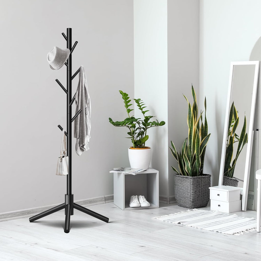 Unisakey Durable Wooden Coat Rack, Freestanding Coat Rack with Stable Triangular Base, 8 Hooks & 3 Adjustable Heights, Simple Assembly for Bedroom, Hallway, Office(New Black)