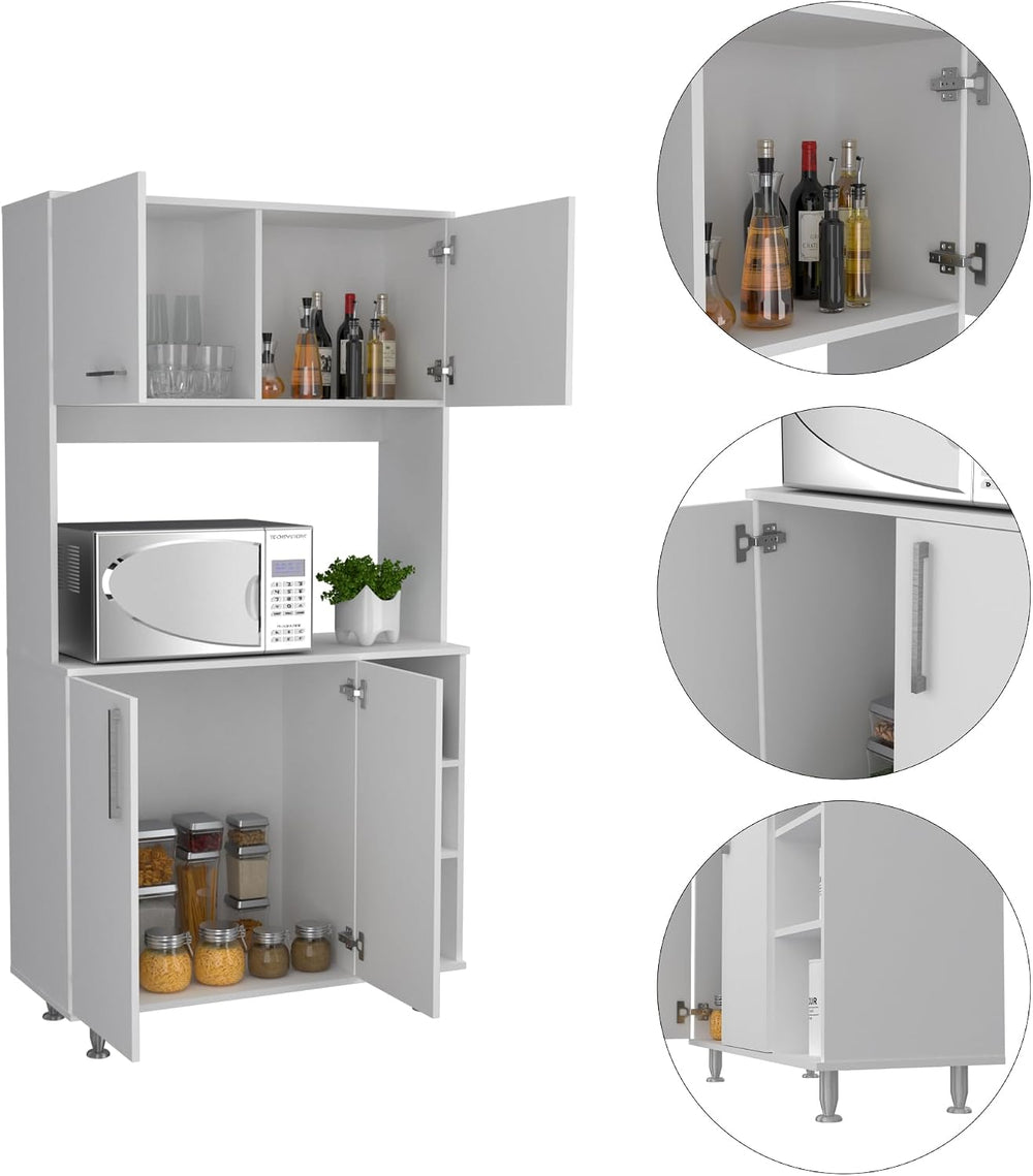 Kitchen Pantry Double Door Cabinet, Four Legs, Three Shelves, White